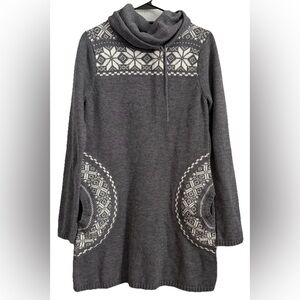 Vanity Cowl Neck Tunic Sweater Dress Gray Women Large Fair Isle Long Sleeve Knit